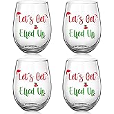 Hushee 4 Pcs Christmas Stemless Wine Glass Let's Get Elfed Up Christmas Wine Glass 20 oz Funny Drinking Cups Drinkware for Xmas Holiday Party Decorations Wedding Birthday Gifts