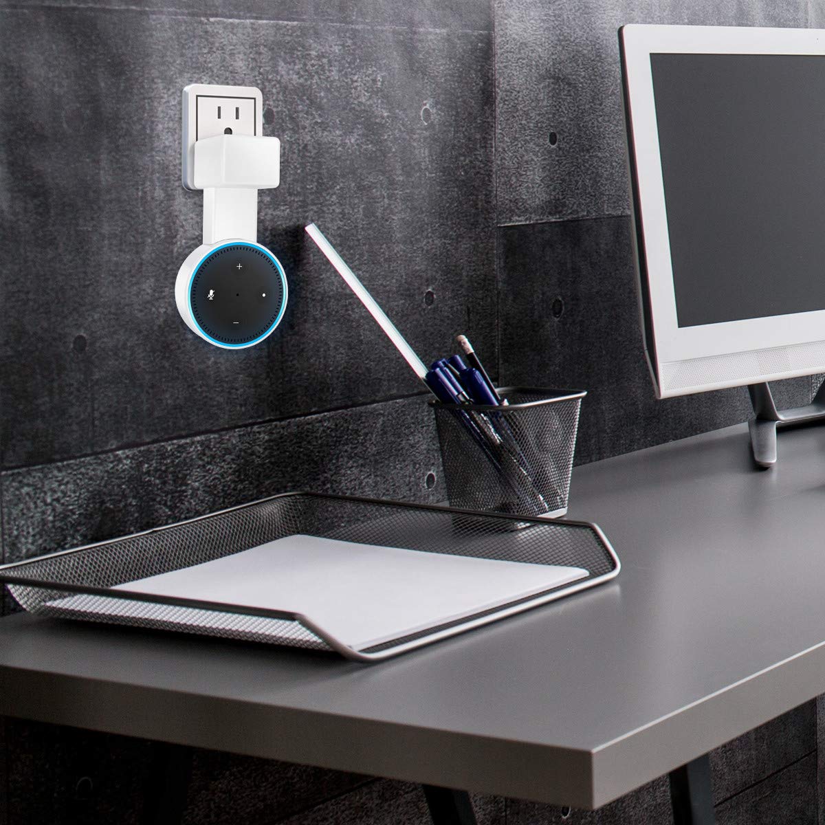 Feiyen Outlet Wall Mount Hanger Stand for Dot 2nd Generation Without Mess Wires Or Screws, Space-Saving Holder Case Plug Mounting Bracket in Kitchens, Bathroom And Bedroom (White - New Packaged)