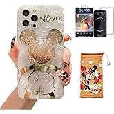 Hosiss Cartoon Case for iPhone 13 Pro 6.1'' with HD Screen Protector, Mickey Mouse with Quicksand Cell Phone Holder Strap Soft TPU Shockproof Protective for Girls Women