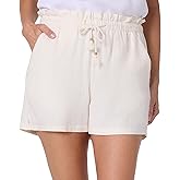 HANG TEN Women's Linen Blend Summer Shorts - Lightweight Casual Elastic Waist Shorts with Pockets - Relaxed Fit (Cream, XXL)