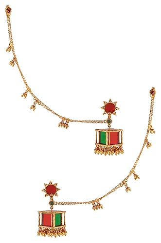Amrapali Navrang Gold Plated Colored Glass Hair Chain Ball Drop Square Jhumka for Women (TBAE-0015(G))
