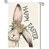 AVOIN colorlife Happy Easter Bunny Garden Flag 12x18 Inch Double Sided Outside, Rabbit Flower Yard Outdoor Decoration White