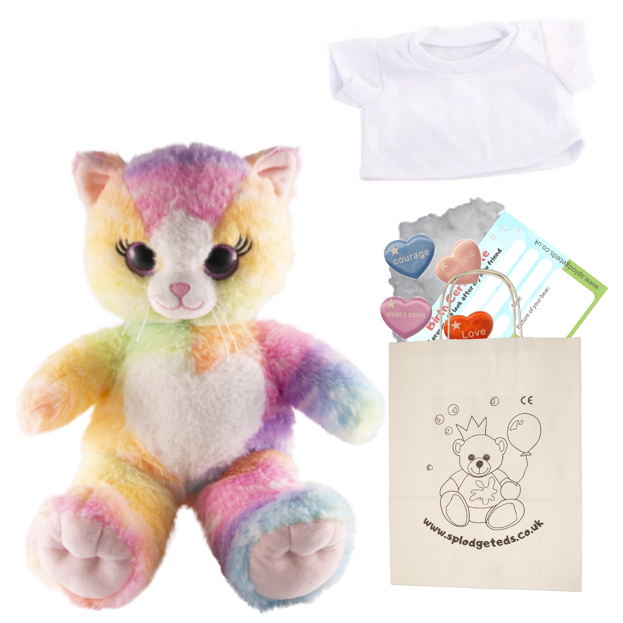 Rainbow Kitty Cat - Soft Plush Toy - 8 inch / 20cm - Build your own Teddy Bear - Party Kit with T-shirt