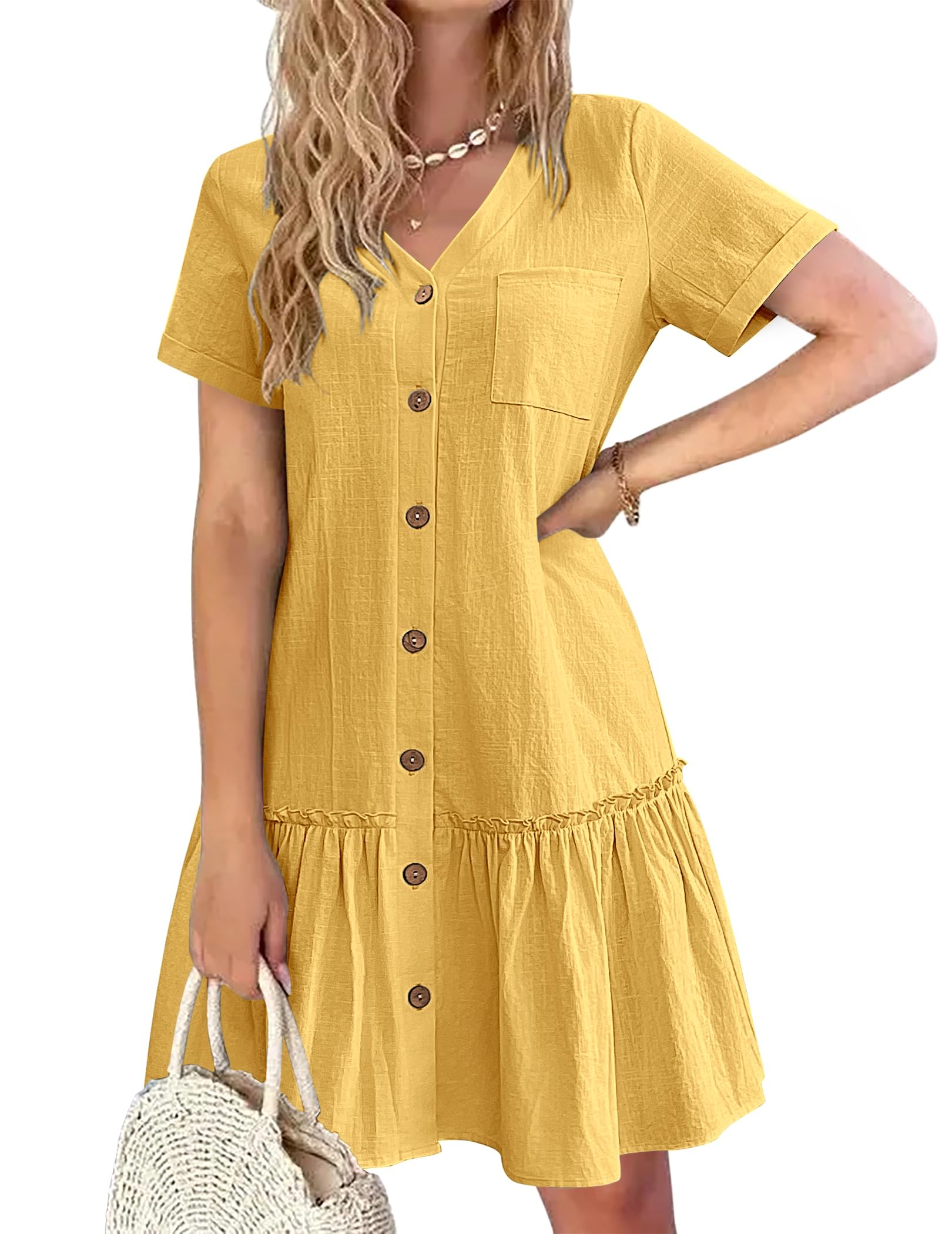 Photo 1 of HOTOUCH Womens Short Sleeve Linen Dress Cotton Beach Sundress Short Sleeve Summer Dresses Ruffle Swing Hem Tiered Dress, Yellow S