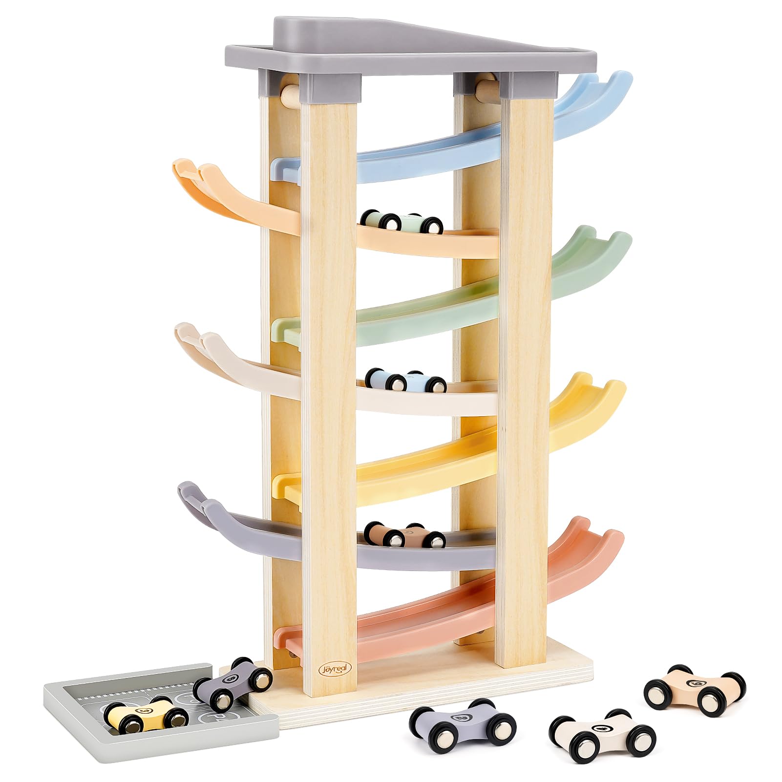 Joyreal Wooden Car Ramp Toy - Montessori Toys for 1 2 3 Years Old, Ramp Racer Toy Vehicle Set with 8 Mini Cars & Race Tracks & Car Garage, Toddler Travel Toys Gifts for Boys Girls