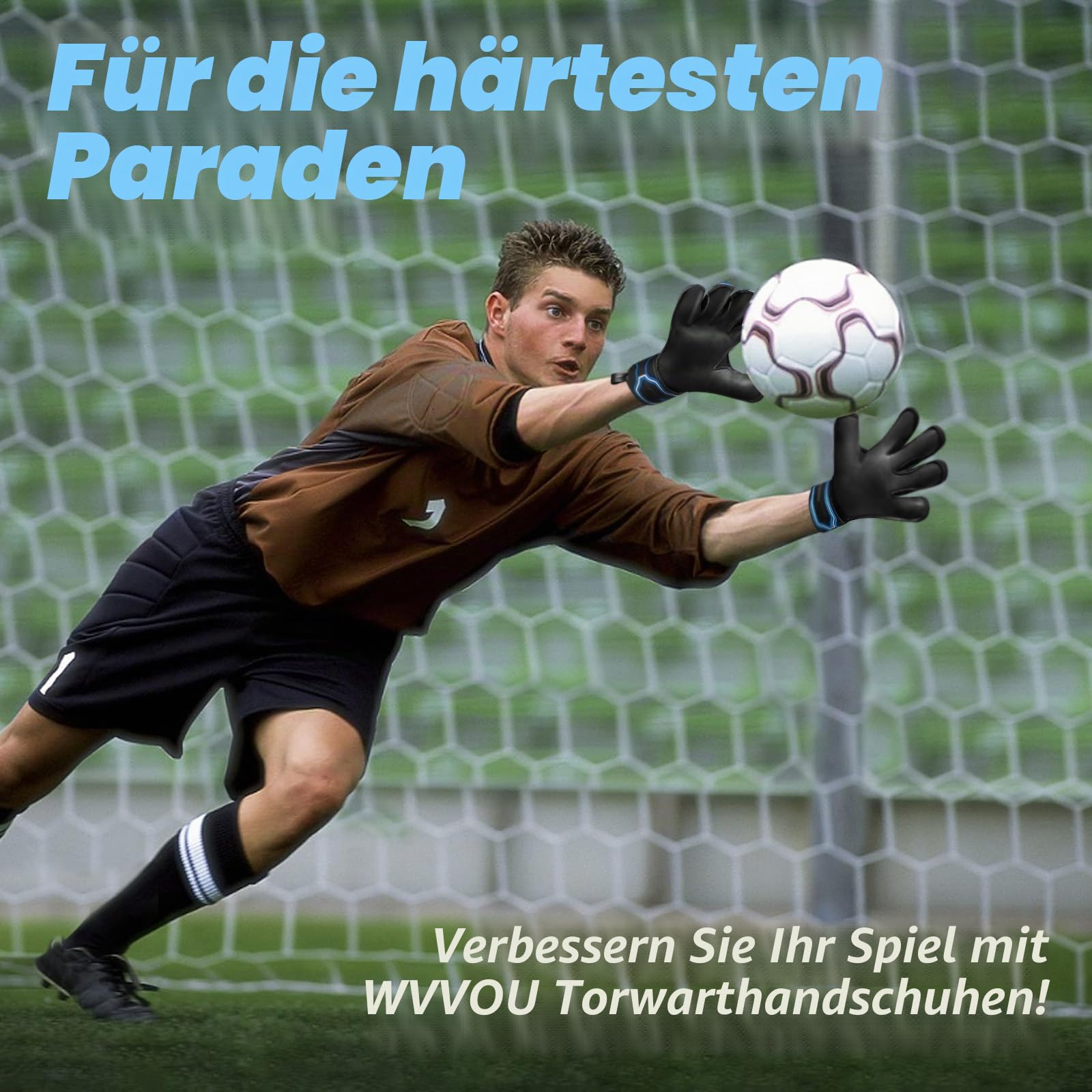 WVVOU Torwarthandschuhe Kinder und Herren Größe 9 Schwarz, Abnehmbarer Fingersave, 4+3 mm Latex, rutschfest, Fußball-Training und Spielbetrieb, Atmungsaktives Netz 5