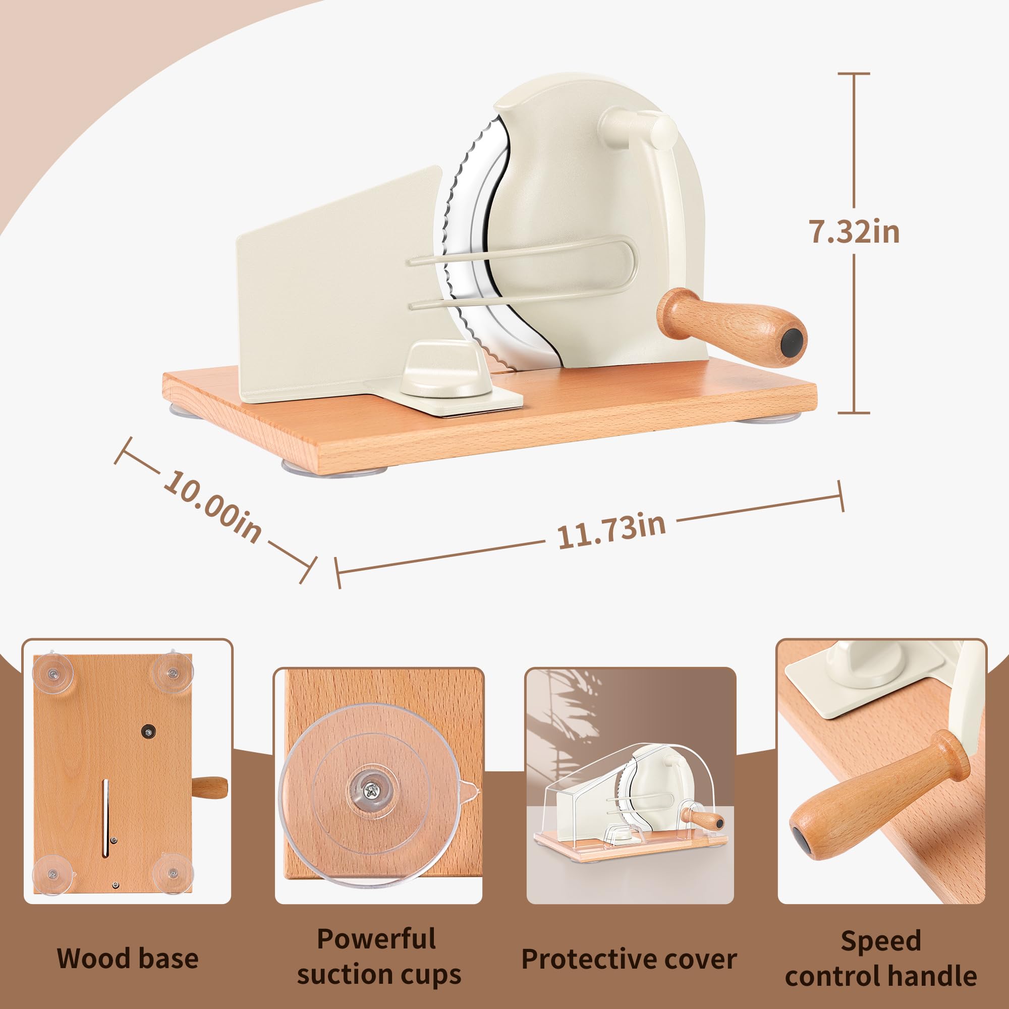 CAWIU Upgraded Manual Bread Slicer for Homemade Sourdough, Adjustable Thickness Hand Crank Bread Cutter with Stainless Steel Blade, Slicing Guide, Suction Cups & Protective Cover (Cream)