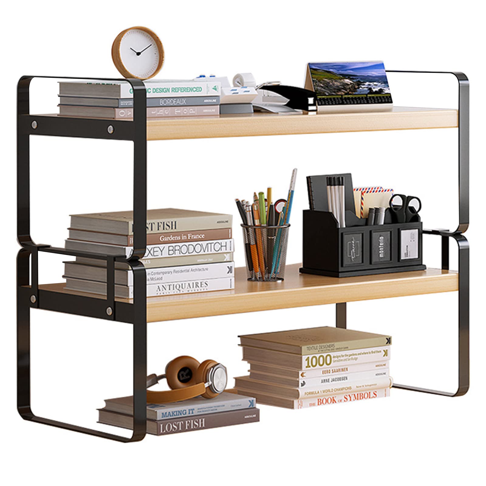 Photo 1 of YGYQZ Wood Office Desk Shelf Organizer - Desktop Supplies Cute Dresser Top Organization Storage Rack and Cubicle Decor Aesthetic Bookshelf for Women Man and Kids (Black-Two Tier)