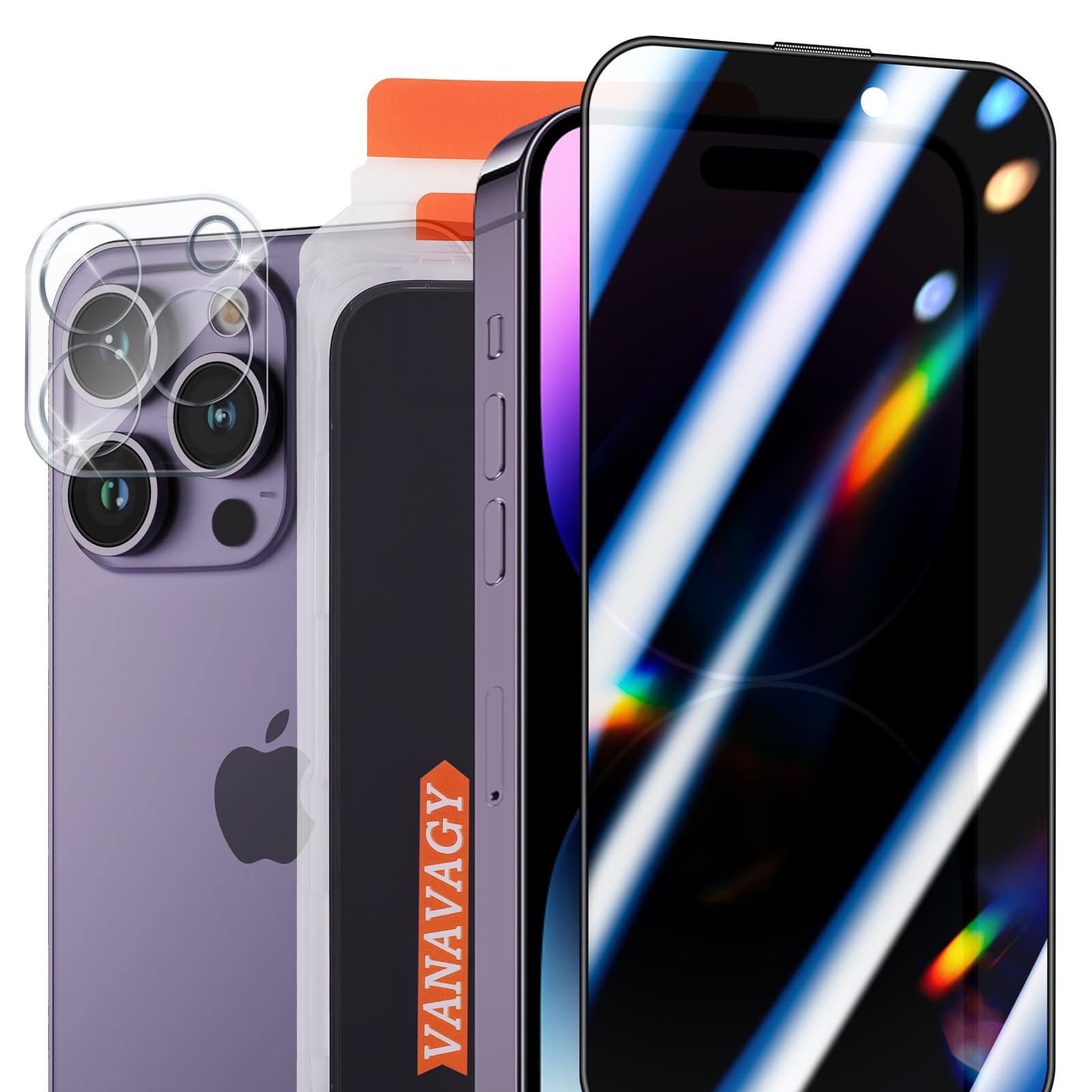 VANAVAGY 2 Pack Privacy Glass Screen Protector for iPhone 14 Pro, [2 Pack Camera Lens Protector] [Easy Installation] Plating Film with Frame Full Coverage Case for Apple 14 Pro