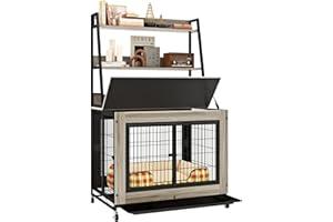 PETSITE Portable Dog Crate Furniture with Storage Shelves, 59 Inch Wooden Dog Kennel with Flip-up Top, 3 Lockable Doors and R
