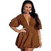 WDIRARA Women's Deep V Neck Puff Sleeve High Rise Flare Dress Elastic Waist Dress