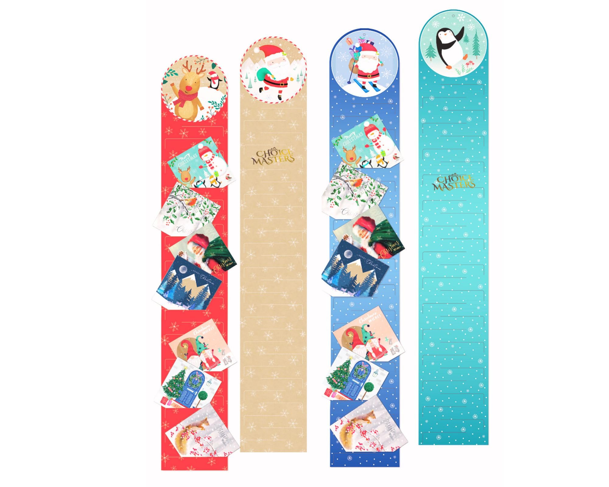 Christmas Card Holder | Santa & Snowman Design | Cute Blue & Red Festive Designs | Holds 112 Total Cards - Great For Xmas, Hanging Wall, Gift, Home & Office Decoration (Set Of 4)