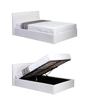 5ft Kingsize White Ottoman Lift Up Storage Faux Leather Bed Also