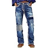 Flamingals Straight Leg Mid Rise ​​Denim Pants Wash Ripped Patched with Pockets Jeans for Women