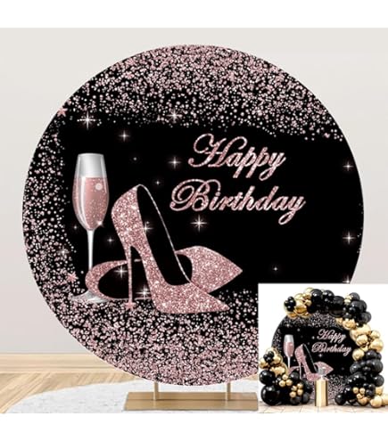 Happy Birthday Round Backdrop - 7.2ft Rose Gold & Black Party Background