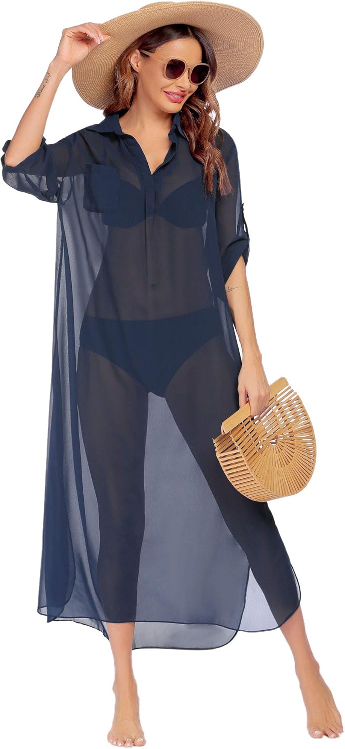 Ekouaer Women's Cover Up Shirt Maxi Dress Kimono Beach Coverups