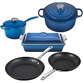 Le Creuset 8 Piece Multi-Purpose Enameled Cast Iron with SS Knobs, Stoneware, and Toughened Nonstick PRO Fry Pan Complete Cookware Set - Marseille
