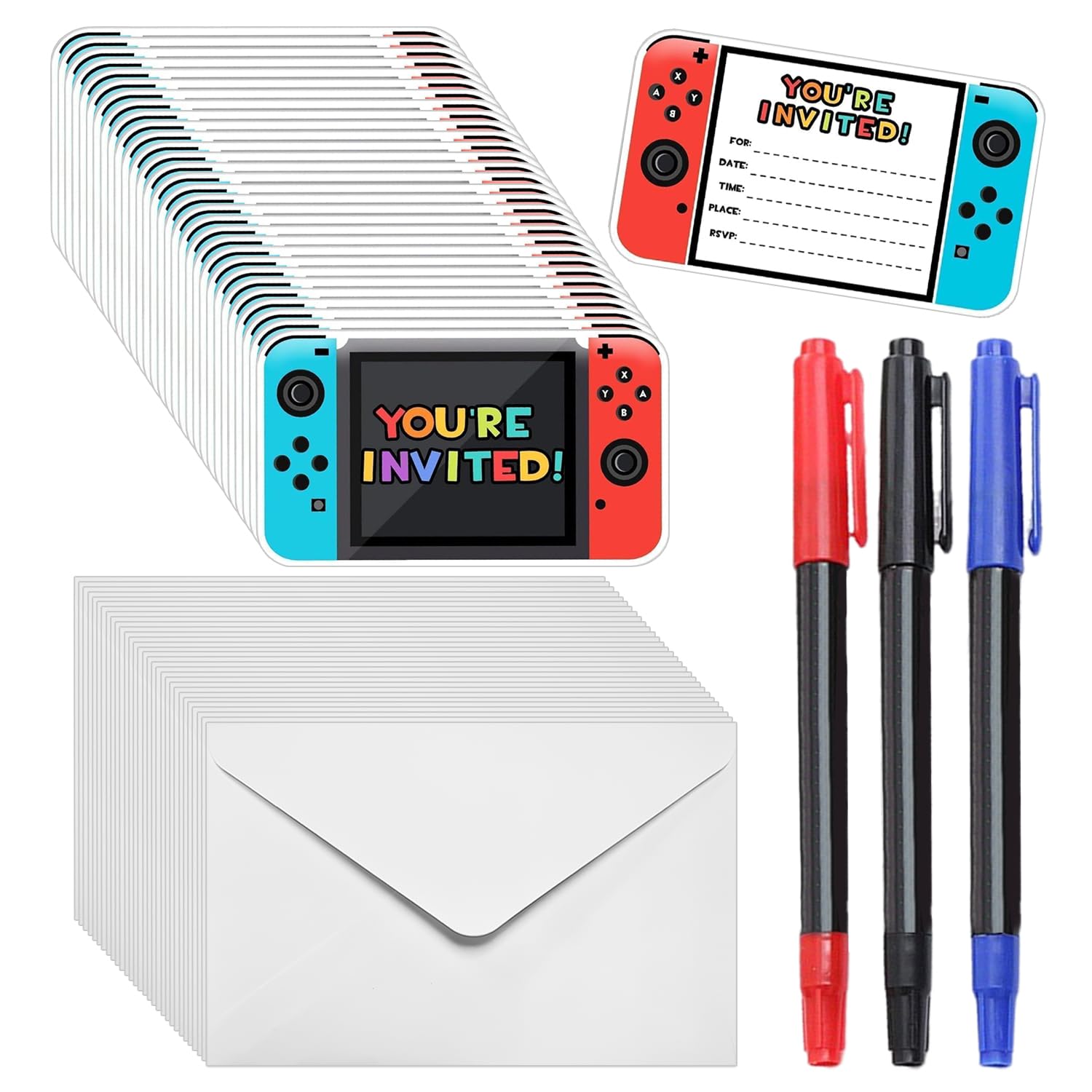 USHXVG 30 Pieces Of Birthday Invitations, 30 Envelopes, 3 Markers, Girls' Birthday Party Invitations, Game-Shaped Cards