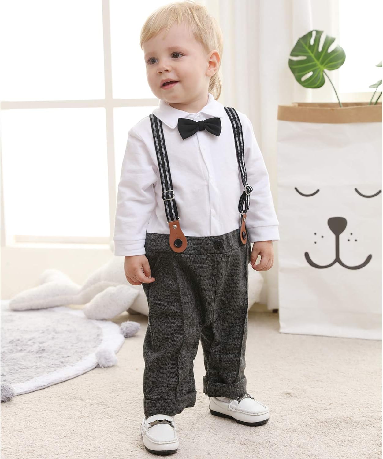 ZOEREA Baby Boy Outfits Set, 3pcs Long Sleeves Gentleman Jumpsuit & Vest Coat & Berets Hat with Bow Tie: Clothing