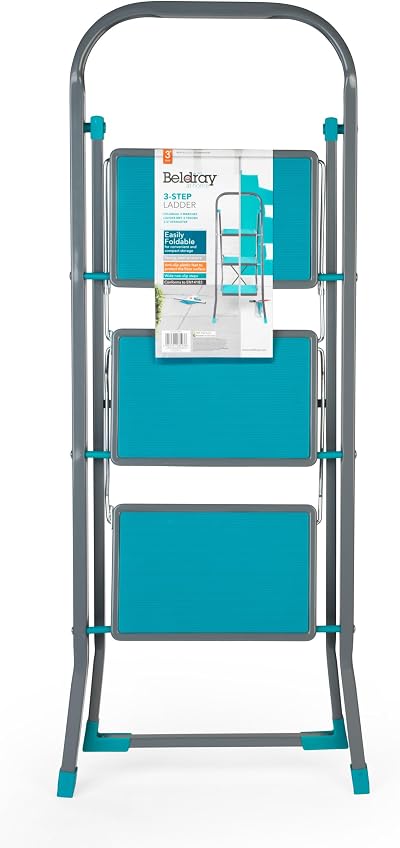 Beldray 3 Step Ladder Non-Slip Folding Turquoise Grey 2.5m Reach