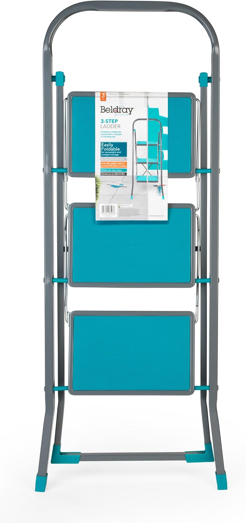 Beldray 3 Step Ladder Non-Slip Folding Turquoise Grey 2.5m Reach