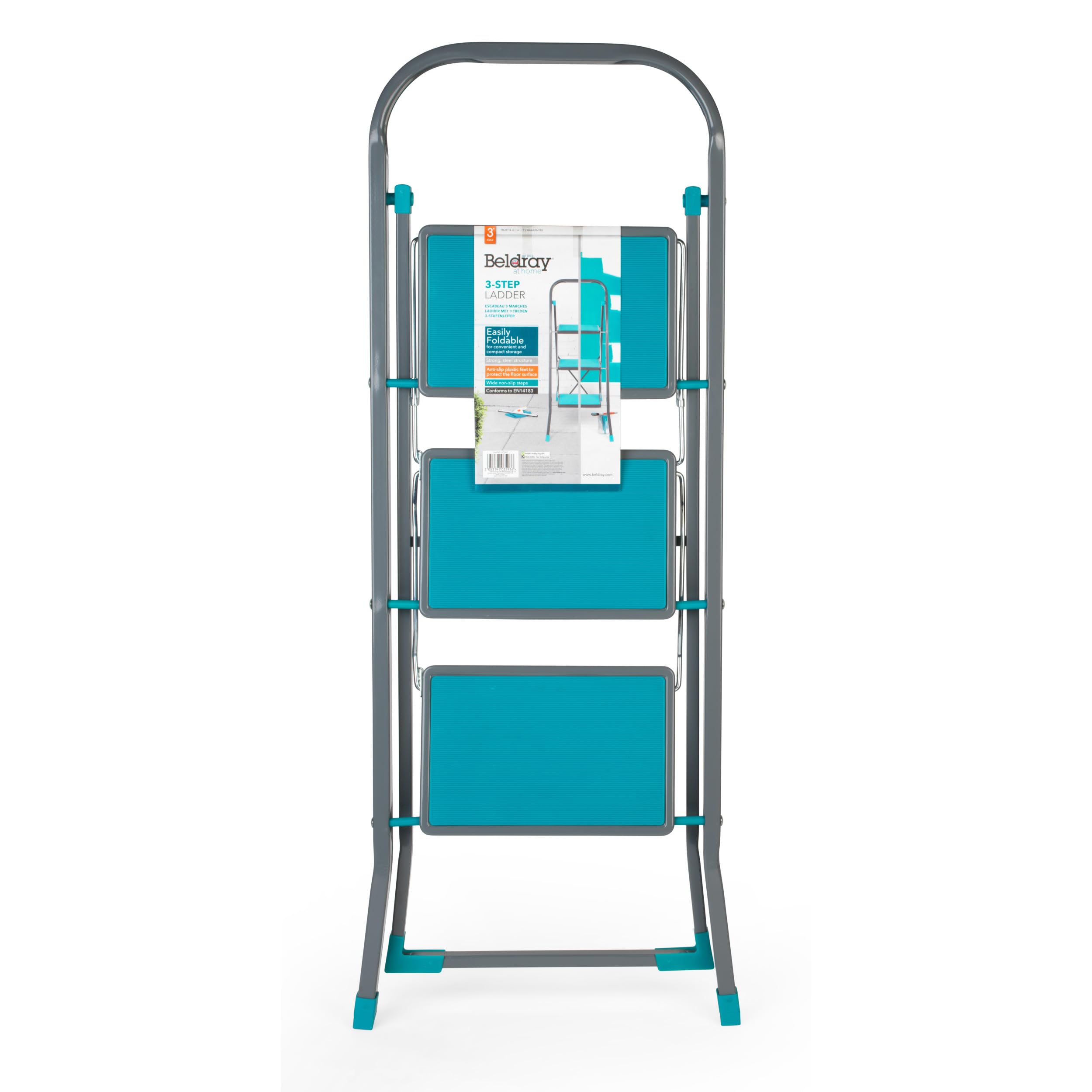Beldray LA024510TQ 3 Step Ladder - Non-Slip Folding Ladder, Approx 2.5m Reach Height, Wide Steps, Carry Handle, Strong Steel With Safety Clip, Compact Storage, For Cleaning & DIY, Turquoise/Grey