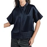 D-Sun Women's Casual Button Down Shirts Oversized Short Sleeve Stand Collar Tops Trendy Work Blouses