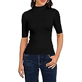M T 4 YOU Women's Short Sleeve Sweaters Dressy Casual Mock Turtleneck Shirt Highly Stretchy Ribbed Knit Fitted Top Blouse