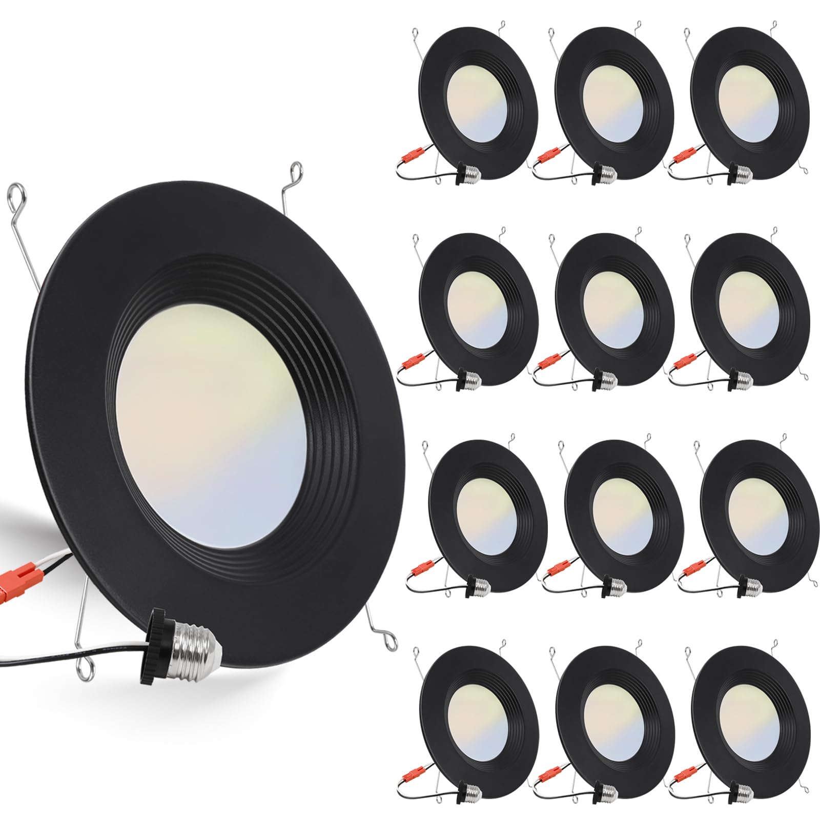 Photo 1 of 12 Pack 5/6 Inch 5CCT Black LED Recessed Lighting Retrofit, 2700K/3000K/4000K/5000K/6500K Selectable, Dimmable Can Lights with Baffle Trim, 12W=150W, High Brightness 1000LM, Wet Rated, ETL Certified