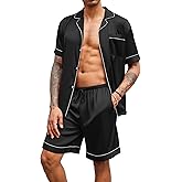 Ekouaer Mens Satin Pajamas Set Button-Down Short Sleeve Shirt Top Soft Silk Sleepwear Shorts with Pockets