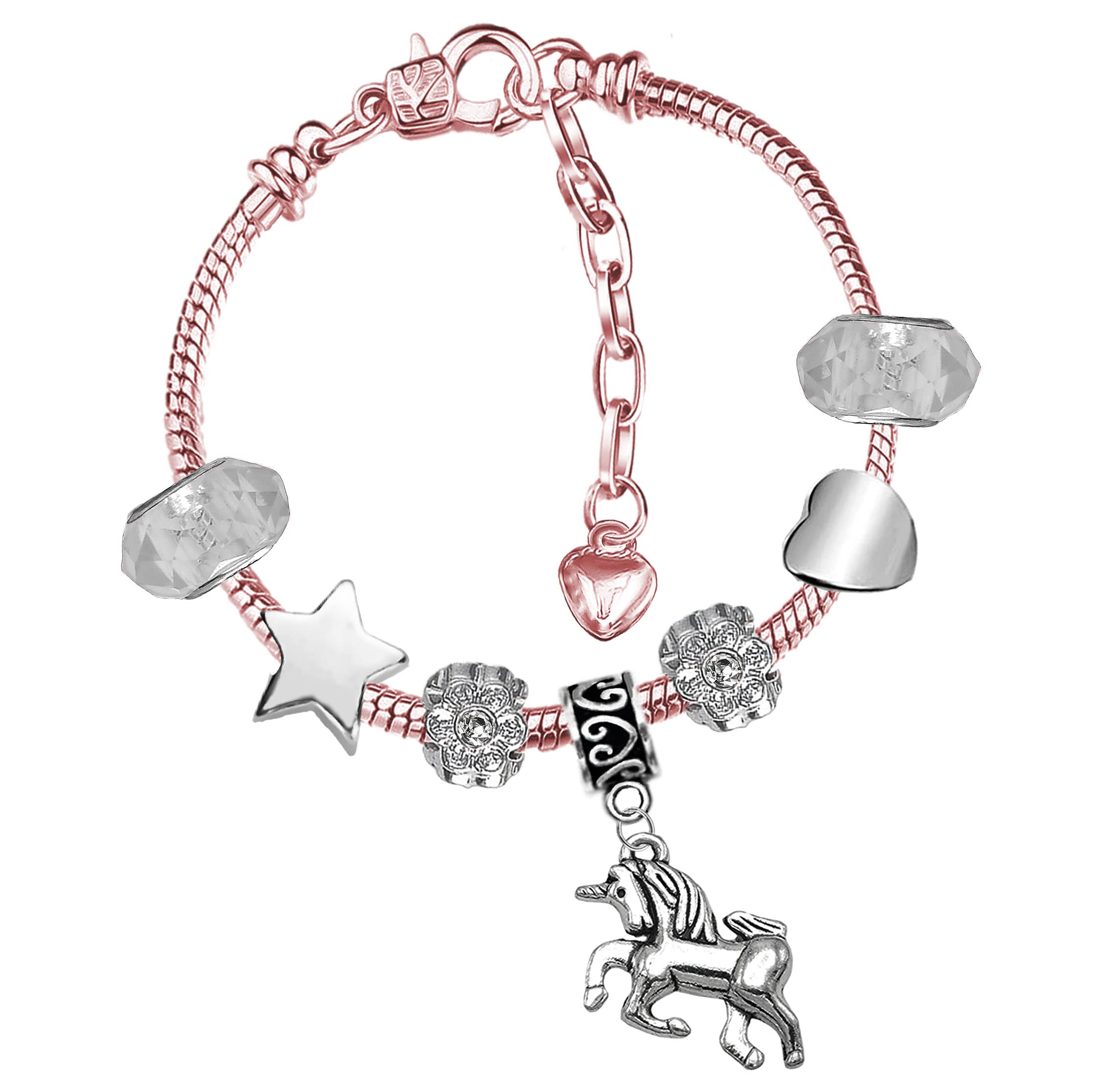 Girls Magical Unicorn Sparkly Crystal and Rose Gold Plated Charm Bracelet with Gift Box (16cm Girls Bracelet, 2. Clear) — image 1