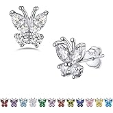 Bestyle Sterling Silver Butterfly Earrings for Women, Dainty Cute Birthstone Studs Hypoallergenic Jewelry, Great Birthday Gift