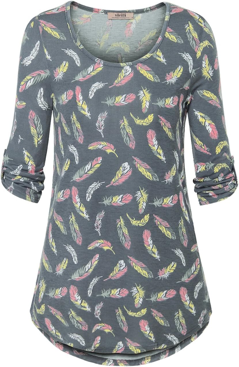 Vivilli Casual Shirts Women, Ladies 3/4 Cuffed Sleeve Scoop Neck Printed Work Blouses Lycra Tunic Tops Long Shirts for Leggings for Women Multicolor Grey XX-Large