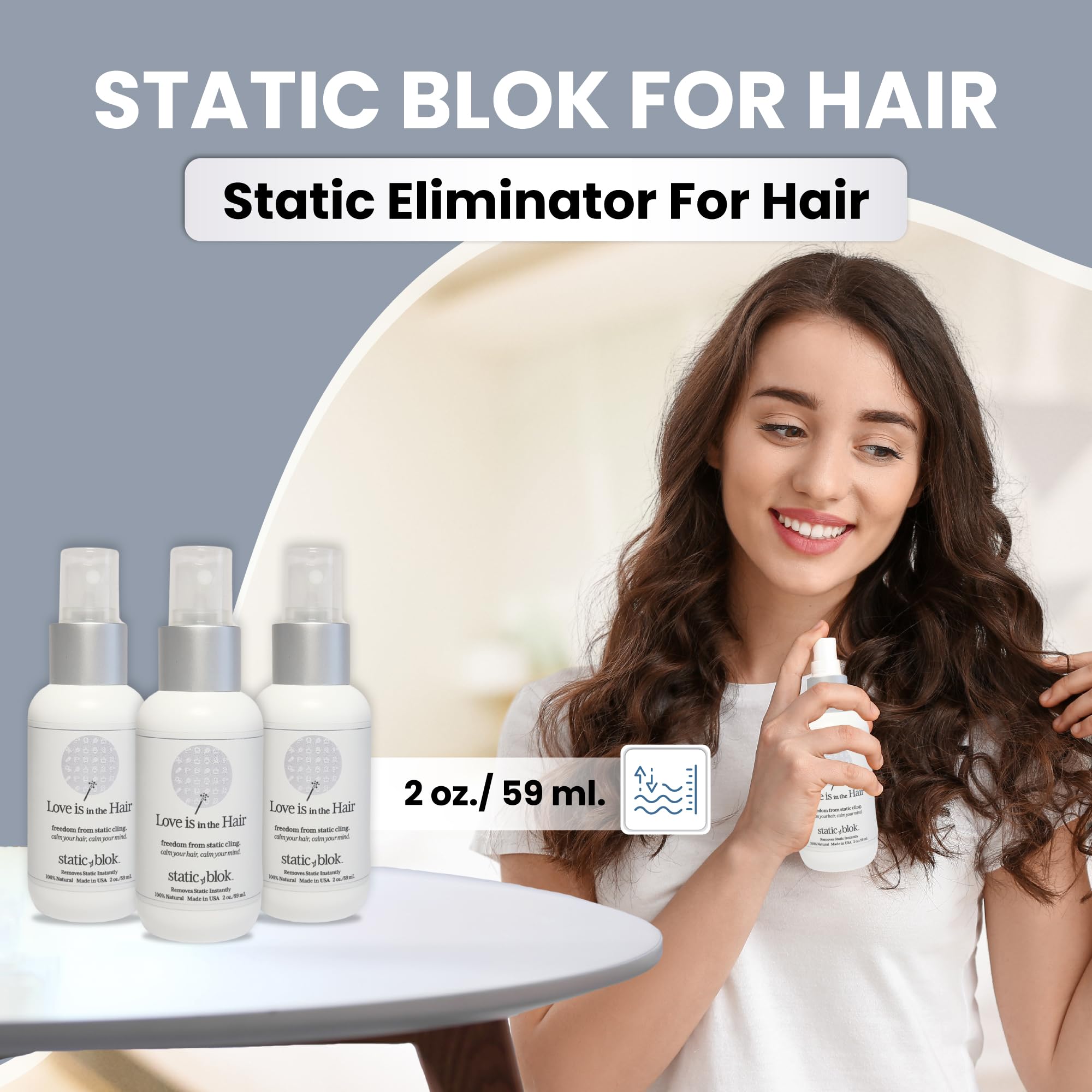 Static Blok Anti-Static Spray for Hair - Instantly Eliminate Static Cling, Shocks, Flyaways- Long-Lasting All-Day Freshness - works on Natural and Synthetic Wigs - 2oz Travel Size
