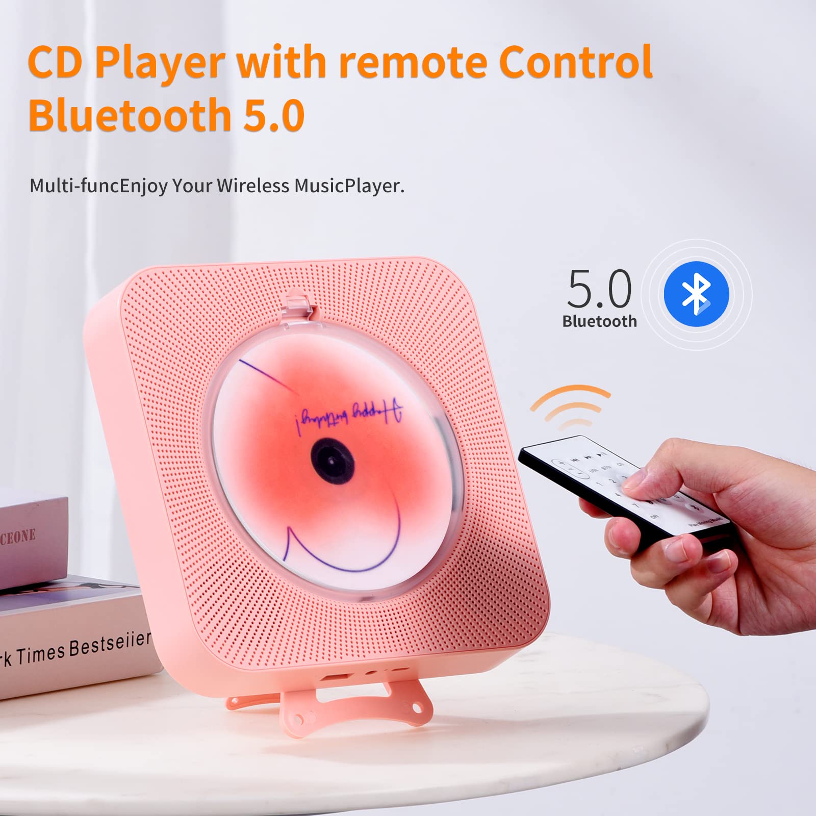 Yintiny Rechargeable Cute CD Player with Blutooth 5.0; Portable Music Player for Home Decor; Remote Control; Support AUX in Cable&USB; HiFi Bluetooth Player