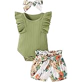 Hundofam Baby Girl Clothes Infant Summer Outfits Set Ruffle Sleeve Romper Floral Pants 3PCS Bodysuit +Shorts +Headband