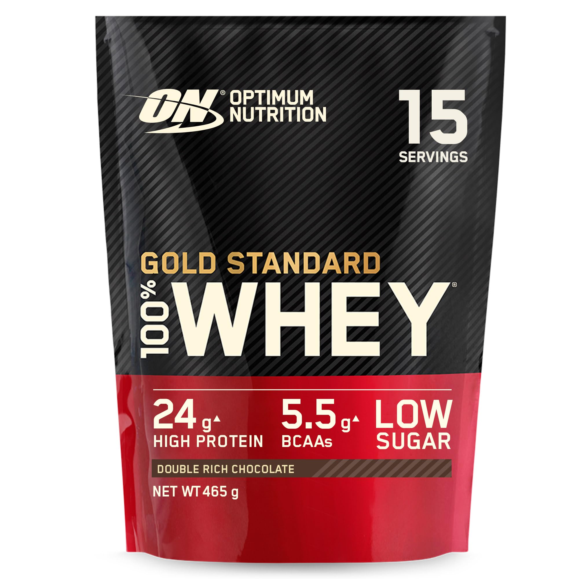 Optimum Nutrition Gold Standard 100% Whey Muscle Building and Recovery Protein Powder With Naturally Occurring Glutamine and BCAA Amino Acids, Double Rich Chocolate Flavour, 15 Servings, 465 g