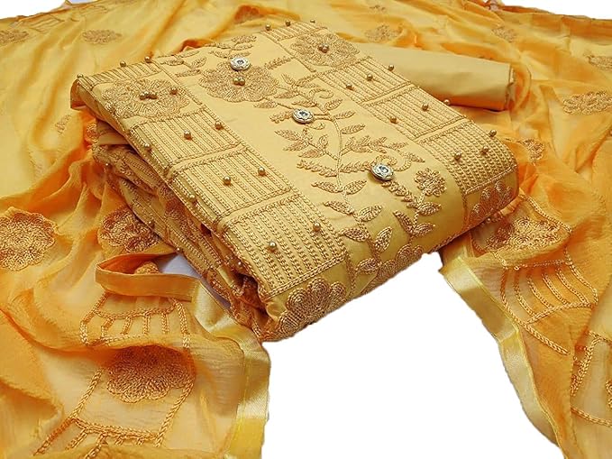 Blue Wish Womens Ethnic Wear Heavy Cotton Aari Pearl Work Salwar Suit Dress Material With Heavy Full Work Dupatta (Unstitched)