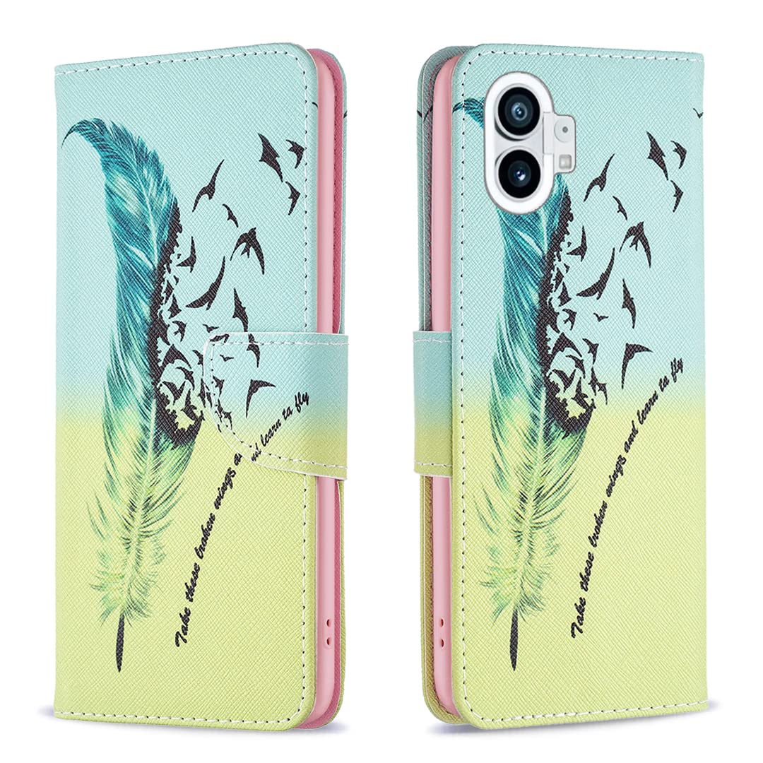 Nothing Phone 1 Case Shockproof Slim PU Leather Flip Pouch Wallet Phone Silicone Phone Cover with Magnetic Stand Card Holder Slot Protective Smartphone Cases for Nothing Phone One Feather Birds