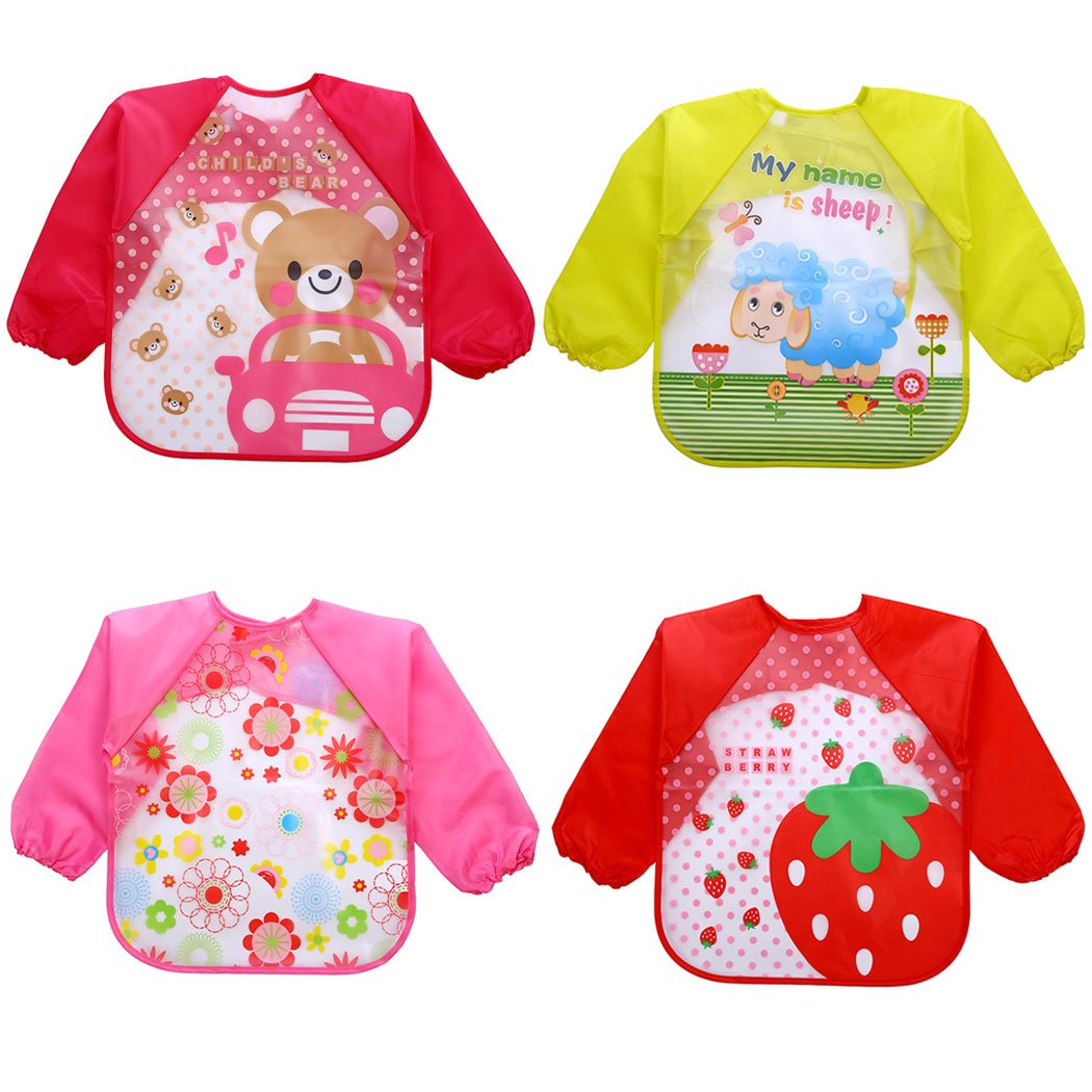 Sleeve Bibs, Aniwon 4Pcs Baby Bibs Cute Animal Food Waterproof Bibs with Sleeves for 15 Years