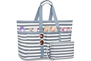 TEUEN Large Beach Bag with Zipper, 12 Pockets Waterproof Sandproof Pool Bag Womens Mesh Beach Tote Bag for Travel Vacation