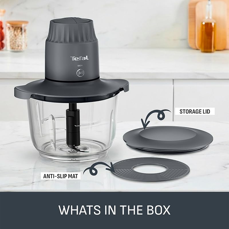 Choppeo MB603BG1 - Mini processador de alimentos, taça de vidro XXL de 2 litros com tapete antiderrapante, tampa de armazenamento, 2 velocidades, 500 W, cinzento