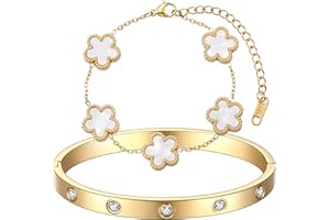 FUNIO 18K Gold Plated Clover Bracelet Love bangle Set for Women - Stack Friendship Bracelet Lucky Link Bracelets Jewelry Gifts Trendy for Women
