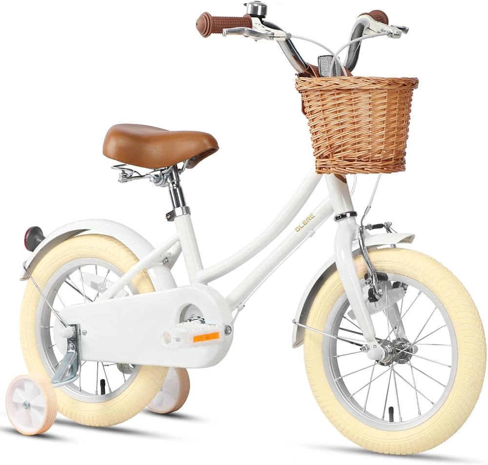 Glerc 14 Inch Kids Bike White with Basket Stabilisers Bell 3-5 Years