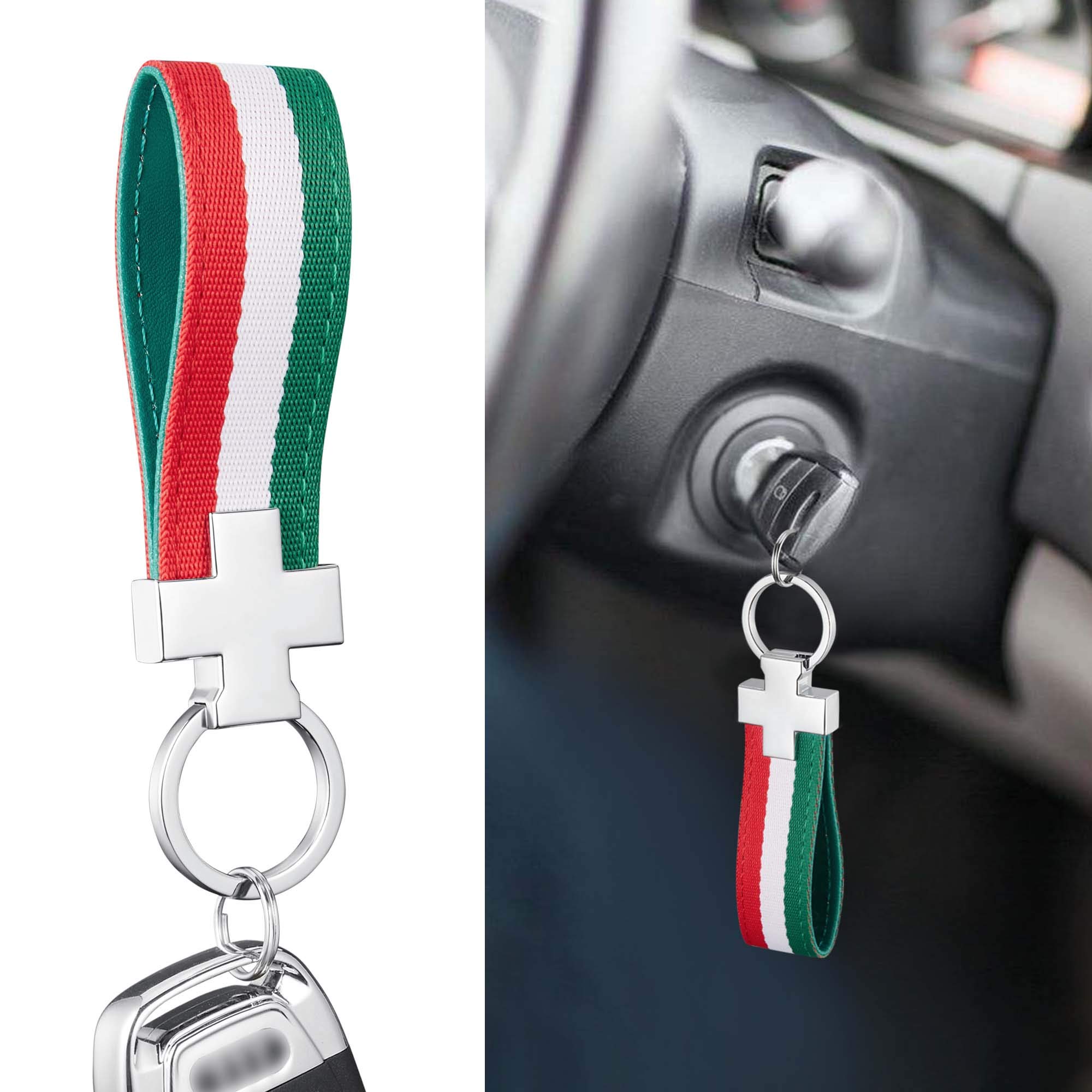 TOMALL Italian Flag Stripe Keychain Ring Nylon Strap Key Band Inner PU Leather 3-color Stripe Key Fob Chain Fashion Stripe for Car Key Wallet Europe Universal