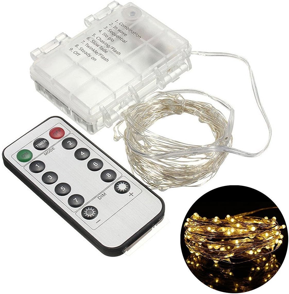 Teorder Battery Operated LED Fairy Lights String Waterproof 33ft 10M 100 LEDs Copper Wire Light Warm White Indoor and Outdoor with Remote Controller for Halloween , Christmas Tree, Party, Wedding, Garden, Bedroom (No battery included)