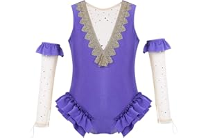FEESHOW Kids Girls Purple Deluxe Dance Show Costume Trapeze Ruffle Leotard with Gloves Halloween Cosplay Party Outfit