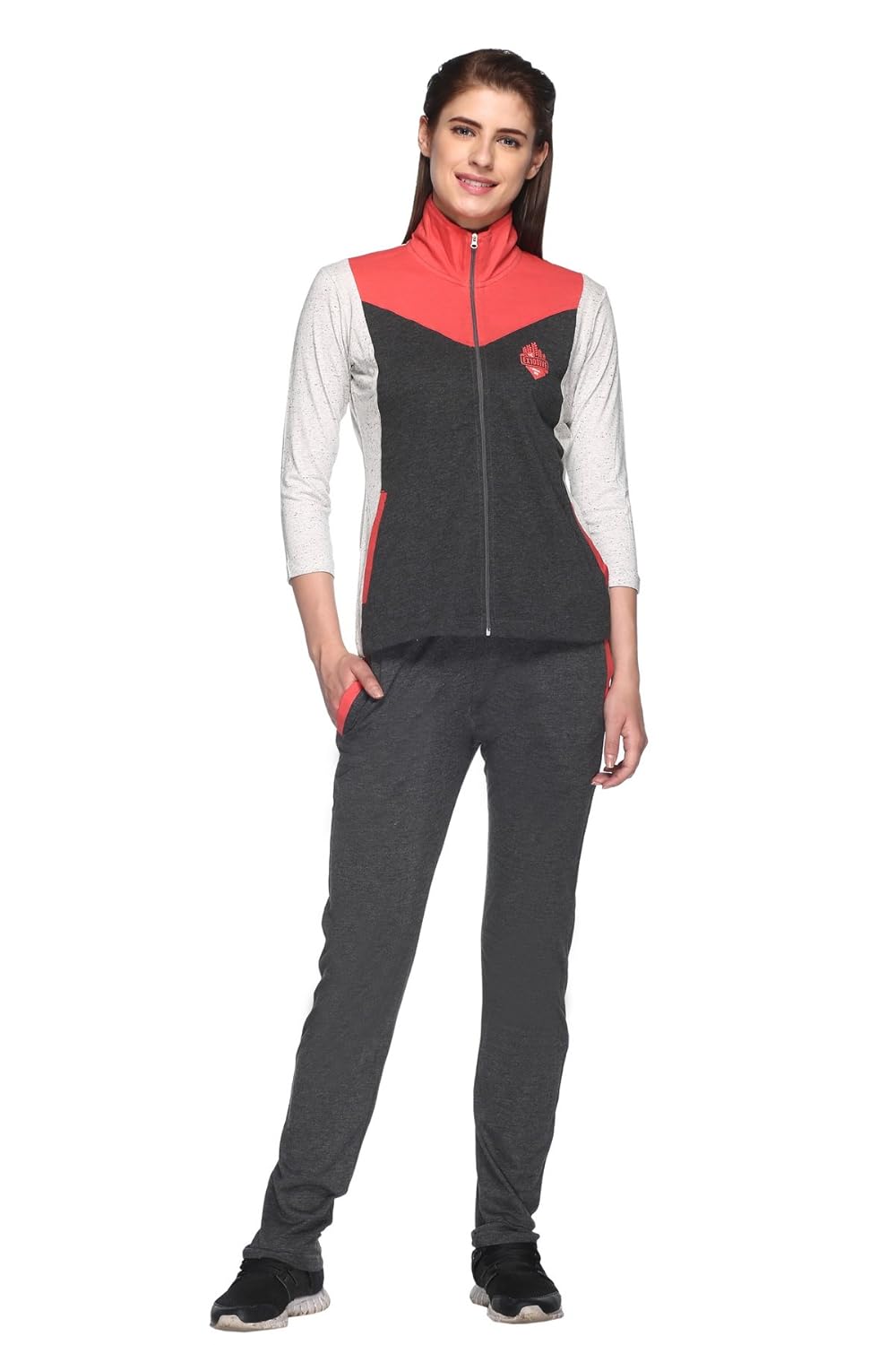 ex10sive women's front zipper cotton blended active wear top and bottom set