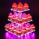 YestBuy 3 Tier Square Cupcake Stand - Premium Cupcake Holder - Acrylic Cupcake Tower Display - 3 Tier Acrylic Display for Pastry + LED Light String - Ideal for Weddings, Birthday Parties(Pink Light)