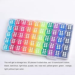 50 Pieces Dice Set, 14mm Bulk 6 Sided Colored Dices